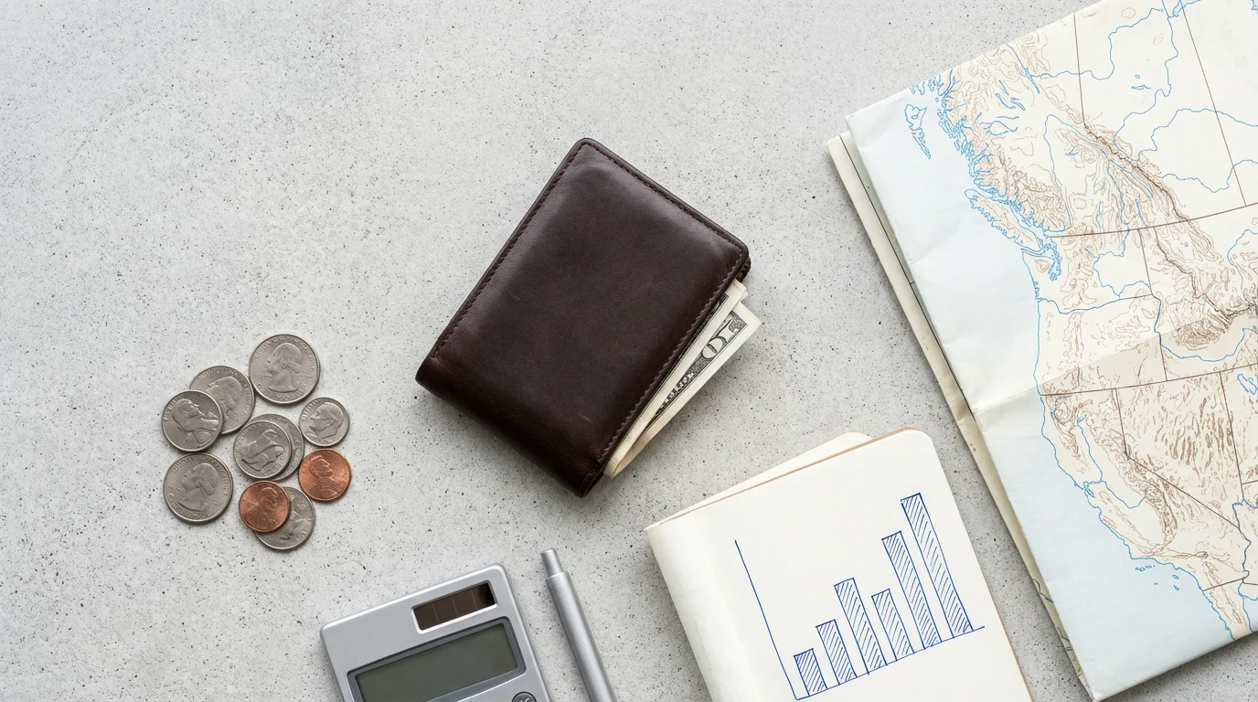 Flat lay of travel budgeting items including a wallet, cash, map, and calculator.