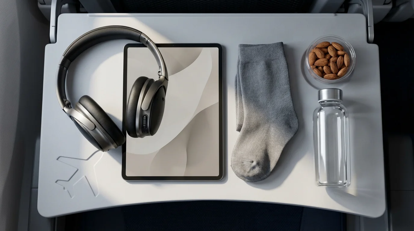 Flat lay of travel day essentials like headphones, a tablet, and compression socks on a tray table.