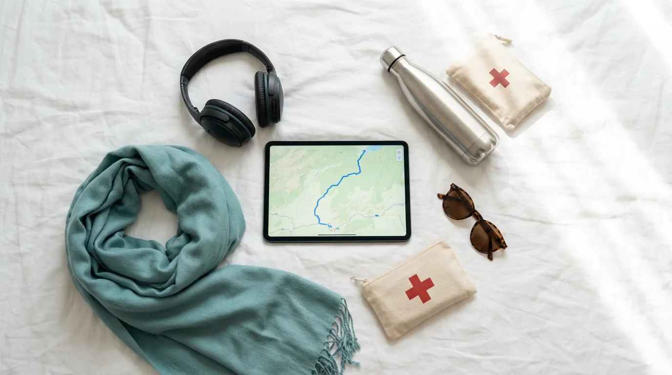 Flat lay of travel essentials like a tablet with a map, headphones, and water bottle.