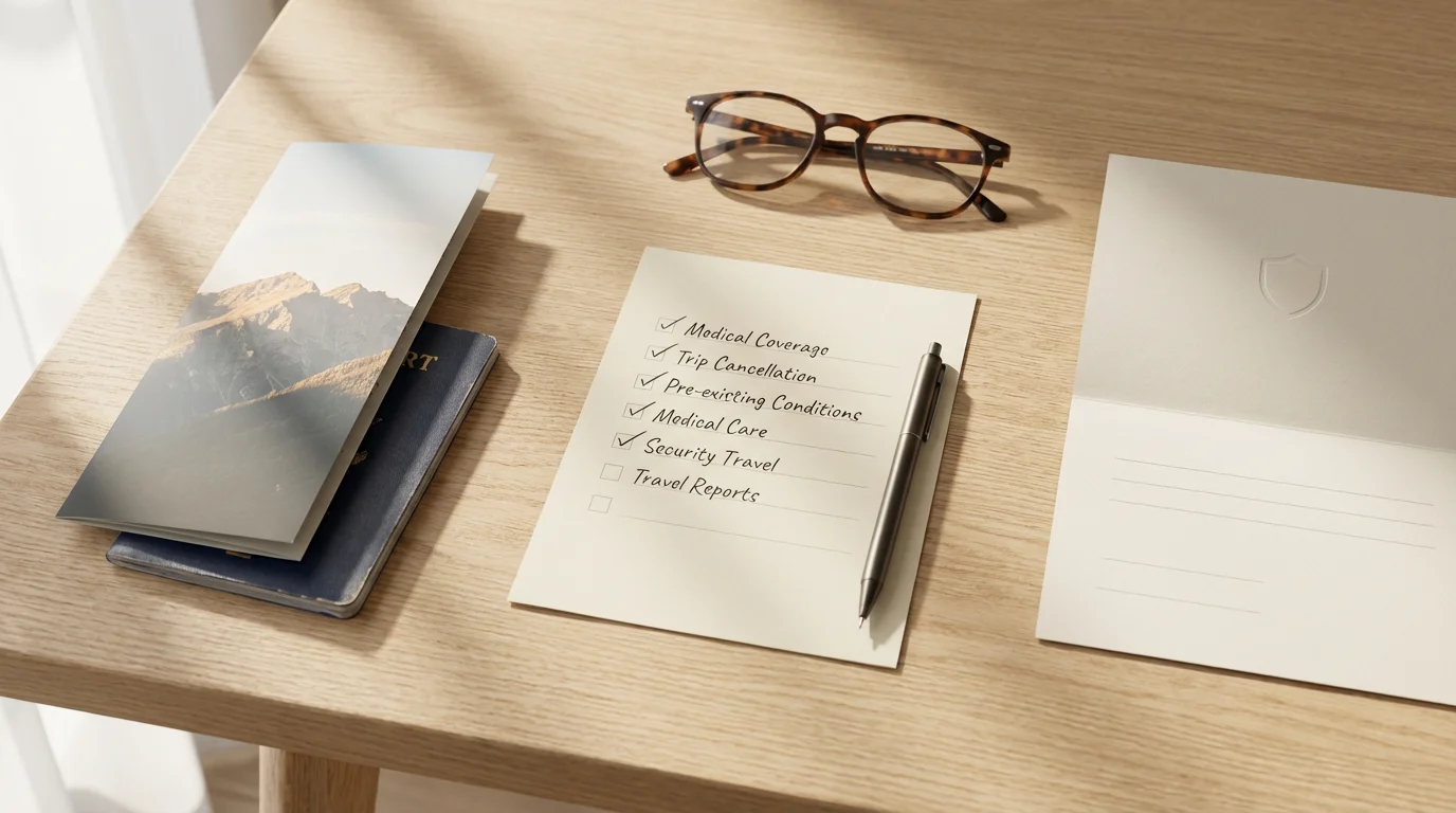 Flat lay of travel insurance checklist, passport, glasses, and a travel brochure on desk.