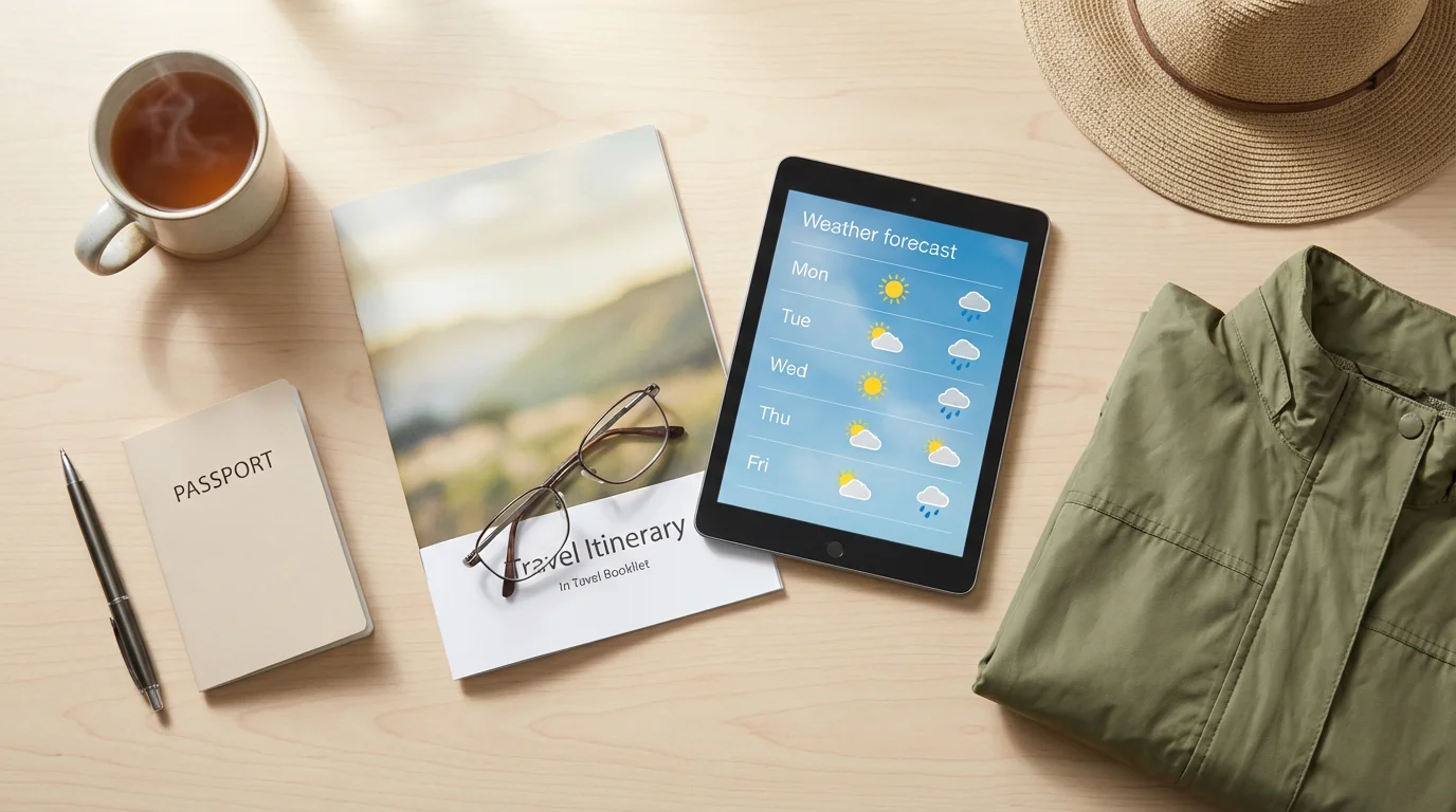 Flat lay of travel planning items: an itinerary, tablet with weather icons, and a passport.