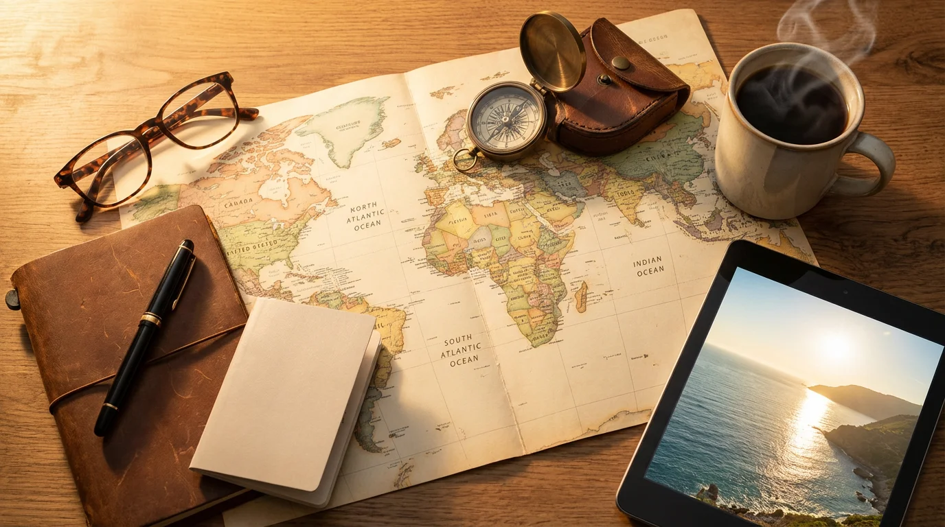 Flat lay of travel planning items for a senior traveler: map, passport, and tablet.