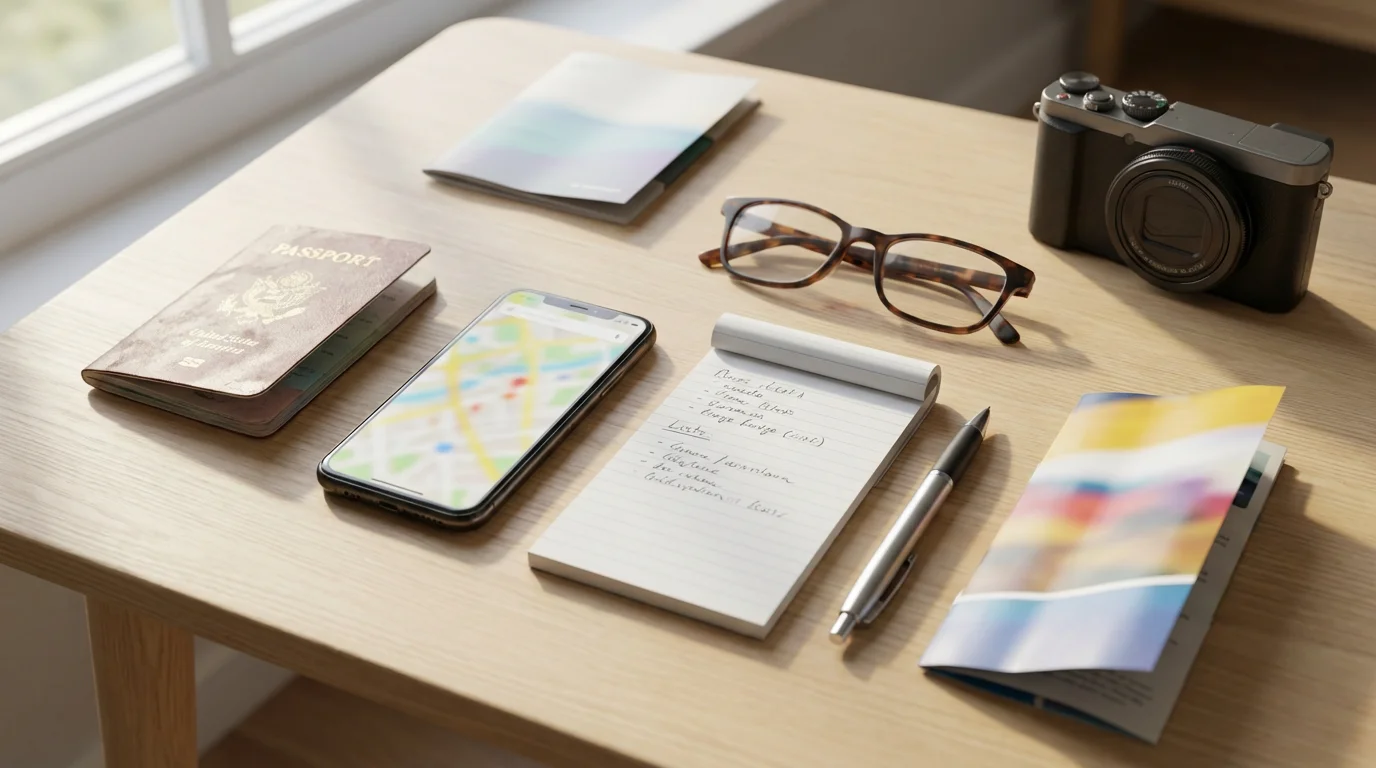 Flat lay of travel planning items including a passport, smartphone with map, and notepad.
