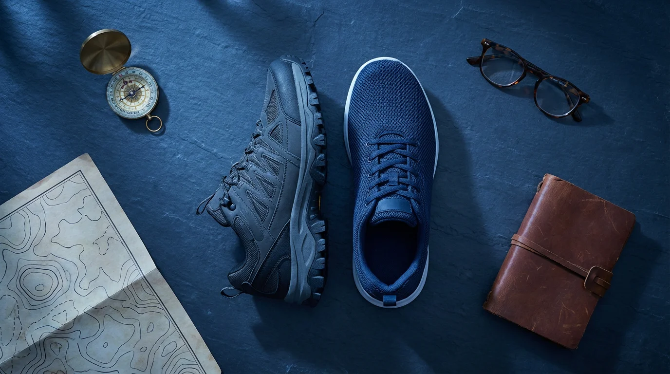 Flat lay of two different walking shoes for senior travel with a map and compass.