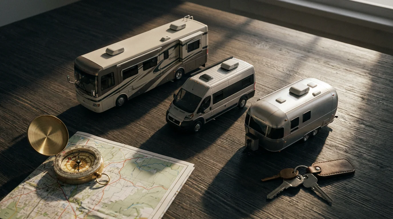 Flat lay of various miniature RV models, a compass, and a map on a table.