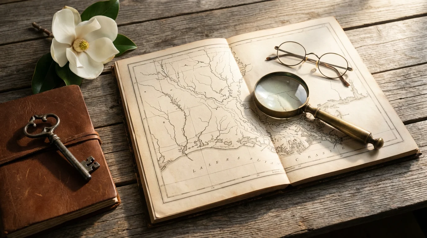 Flat lay of vintage Louisiana map, magnifying glass, journal, and key for historical exploration.