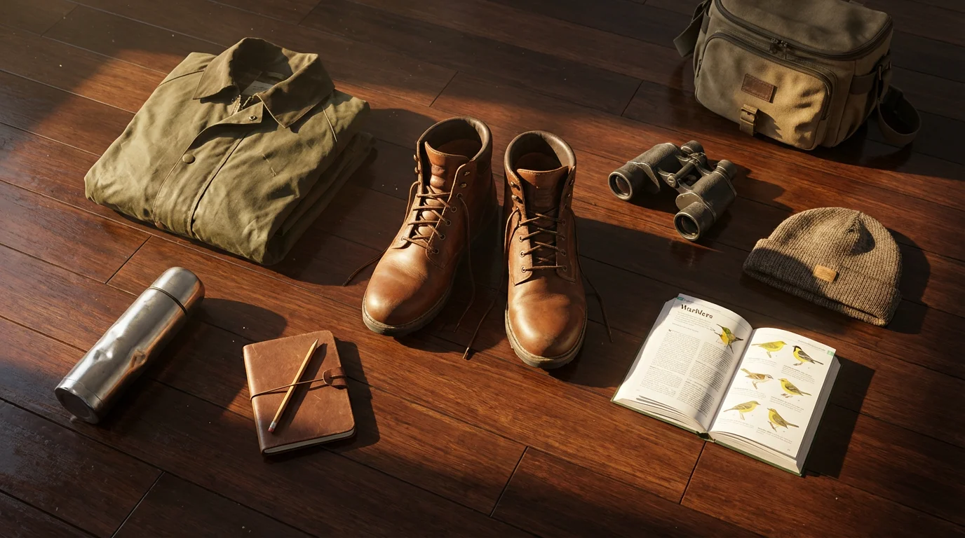 Flat lay of walking boots, jacket, and thermos organized for a birdwatching trip.