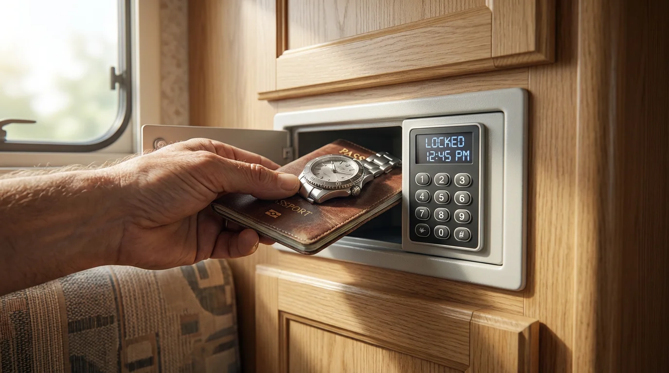 Hand placing a passport and watch into a small, hidden safe inside an RV cabinet.