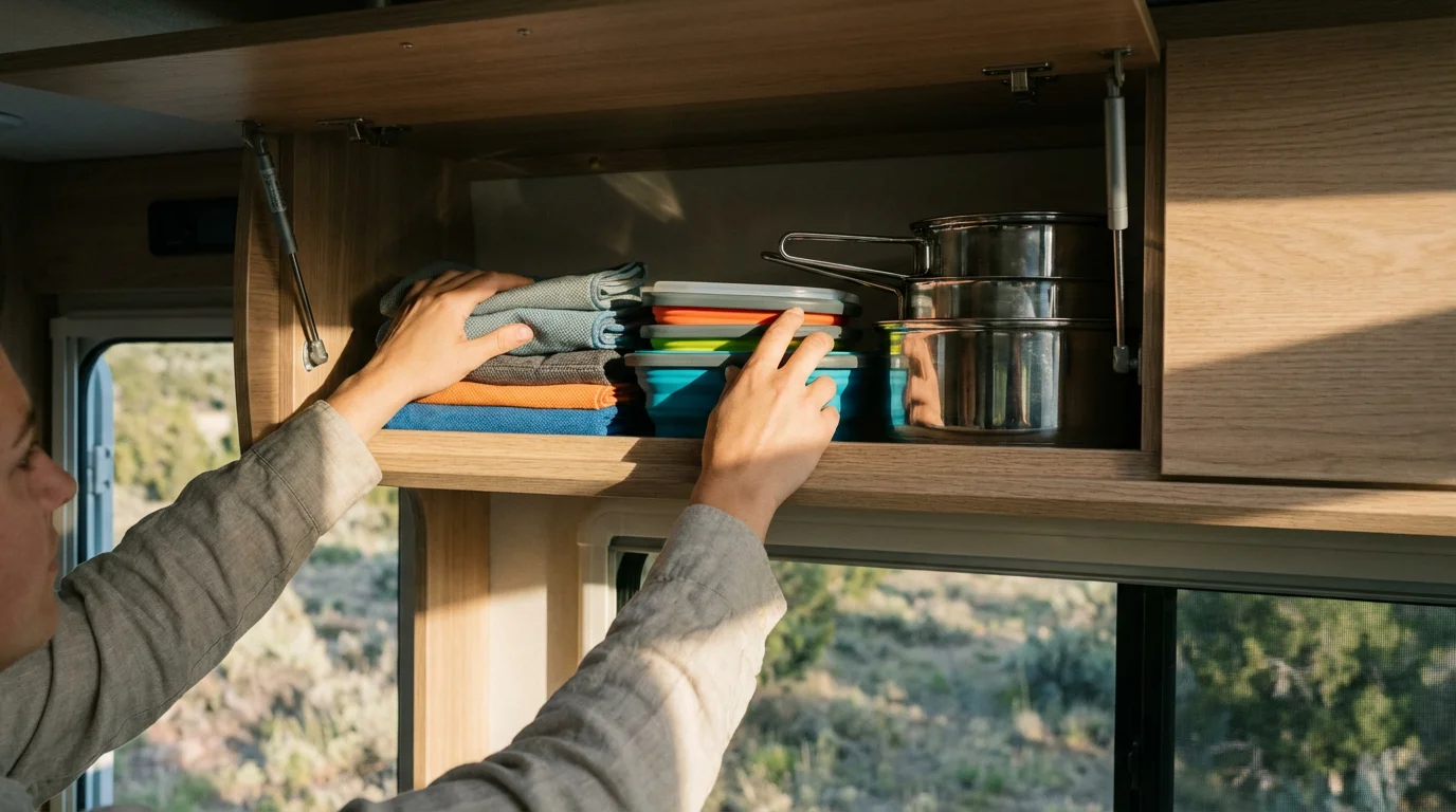 Hands carefully packing lightweight, multi-functional essentials like collapsible bowls into a modern RV cabinet.