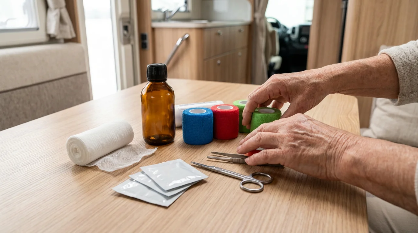 Hands organizing a pet first-aid kit with medical supplies on a wooden table.