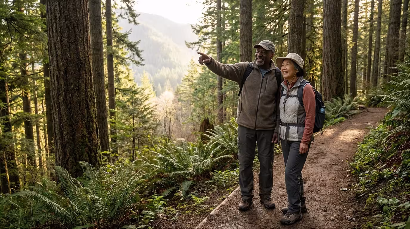 Happy, diverse senior couple enjoying a morning hike on a scenic forest path.