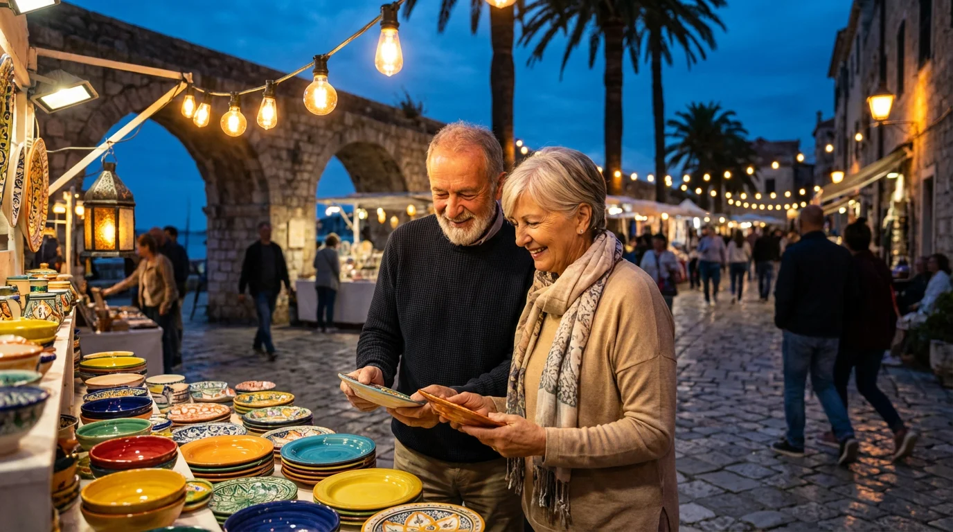 Happy senior couple exploring an authentic, illuminated European night market while traveling on a budget.