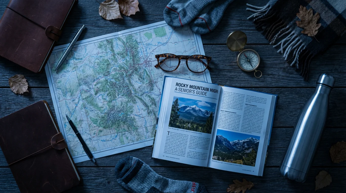 High-altitude travel planning flat lay with a map, compass, and guidebook at dusk.