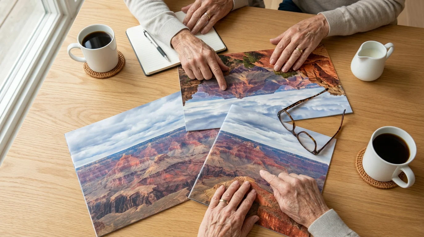 High angle flat lay of a senior couple's hands over Grand Canyon travel brochures.
