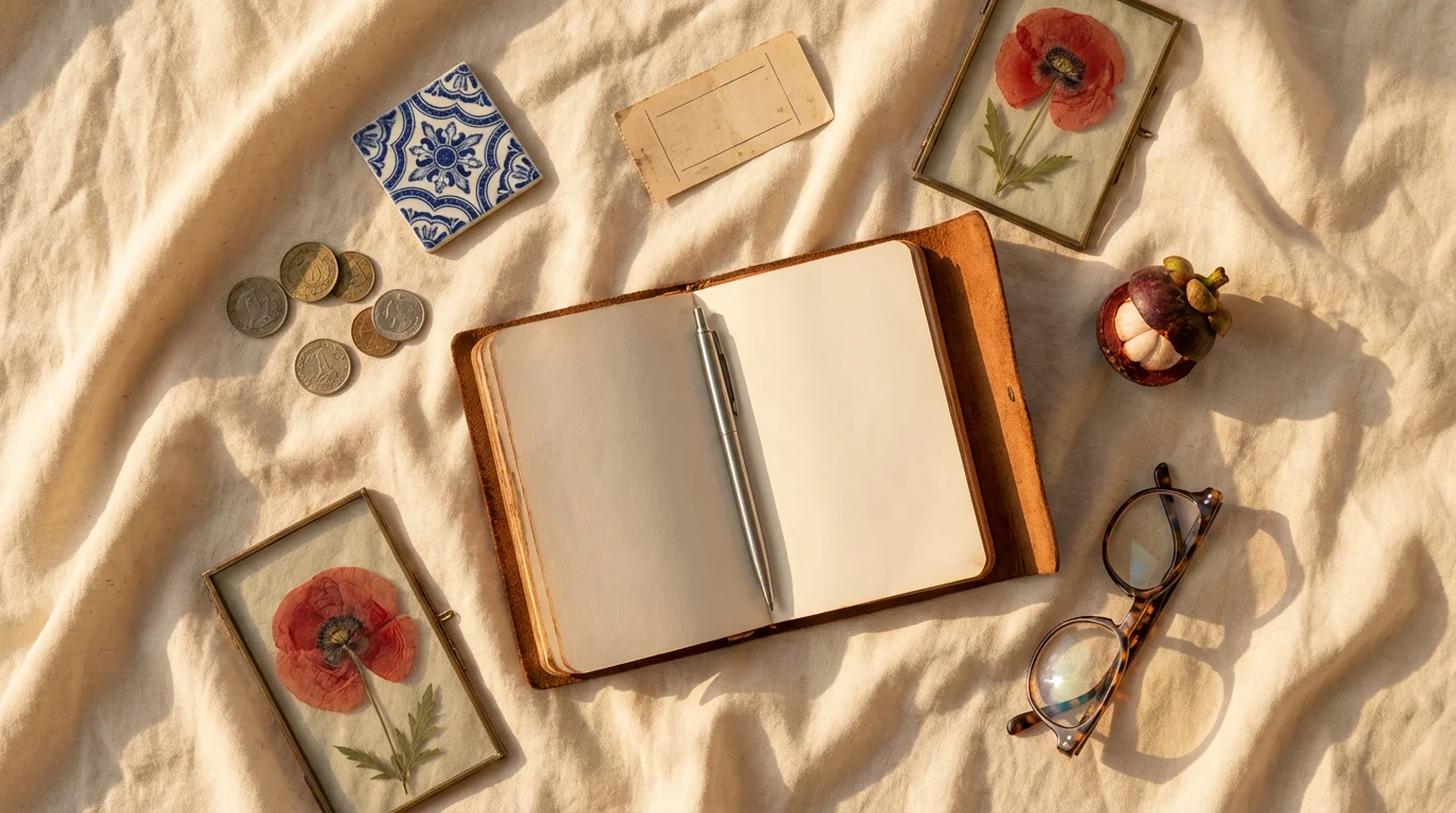 High angle flat lay of a travel journal with collected mementos during golden hour.