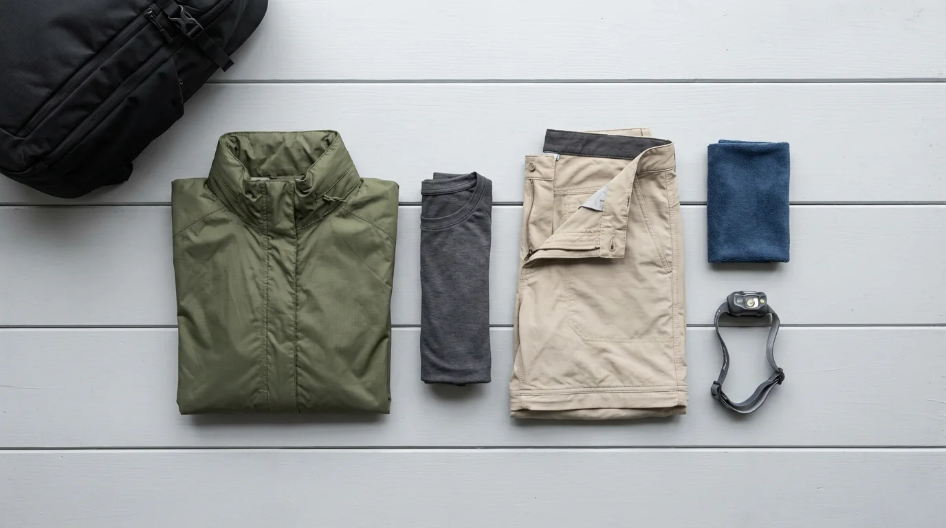 High angle flat lay of essential travel clothing and gear for an exotic journey.