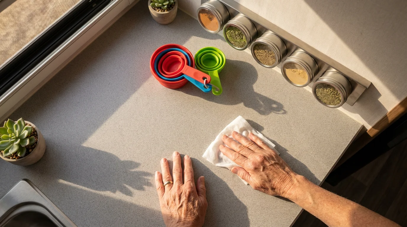 High-angle flat lay of hands cleaning an RV countertop next to organized kitchen supplies.