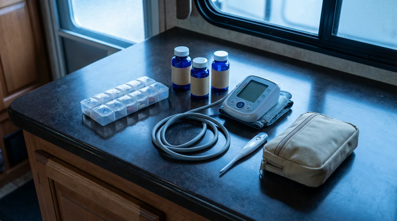 High angle flat lay of medical supplies and health items for an RV trip.