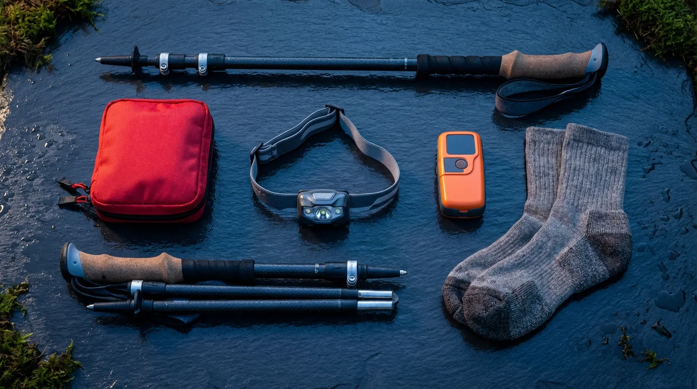 High angle flat lay of senior hiking safety gear including trekking poles on slate.