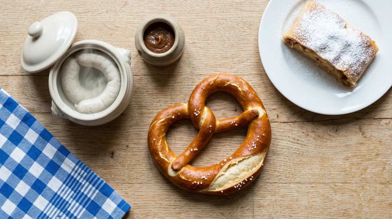 High angle flat lay of traditional Bavarian food including a pretzel, sausages, and strudel.