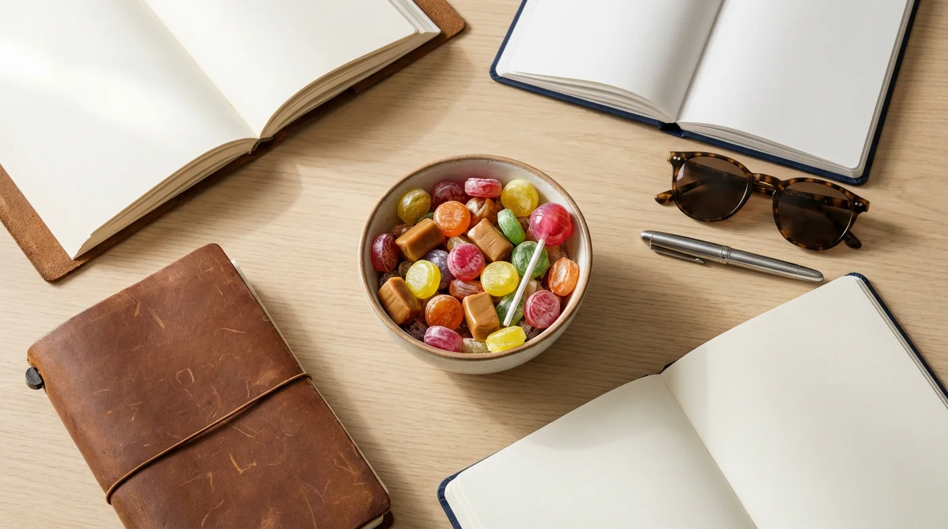 High angle flat lay of travel journals, sweets, and sunglasses on a wooden table.