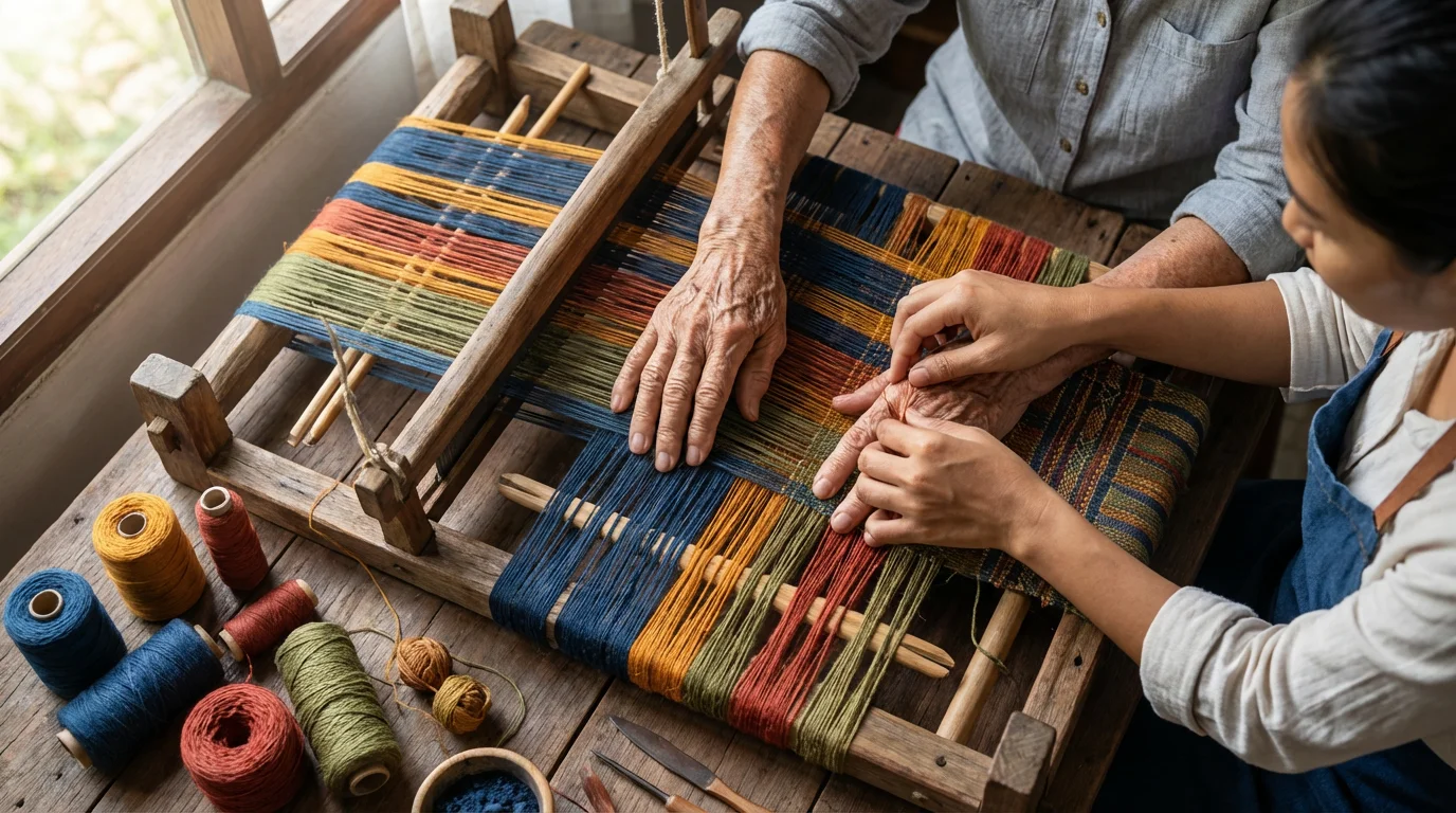 High angle photo of a senior's hands learning to weave a colorful textile.