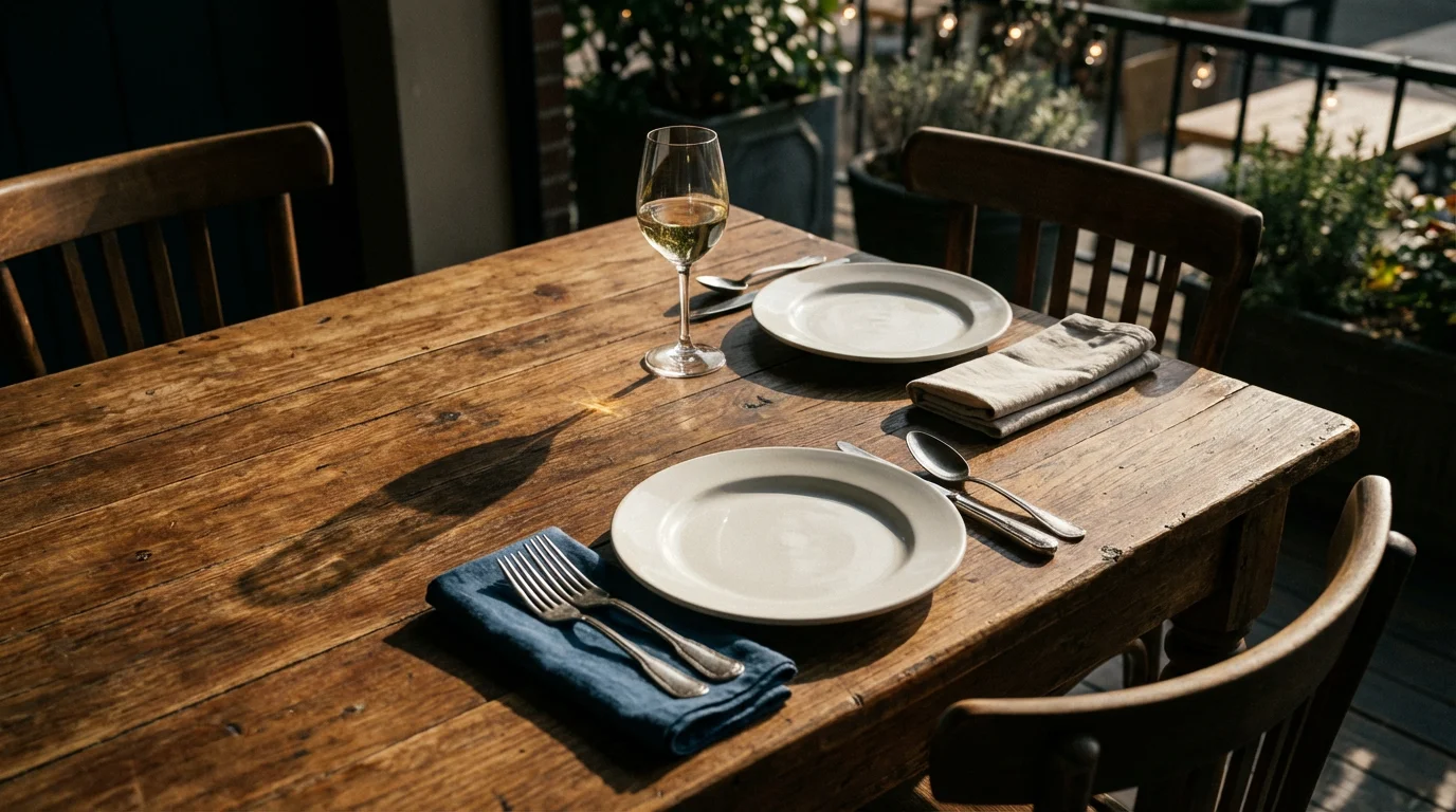 High angle view of a rustic dining table with an empty seat invitingly pulled out.