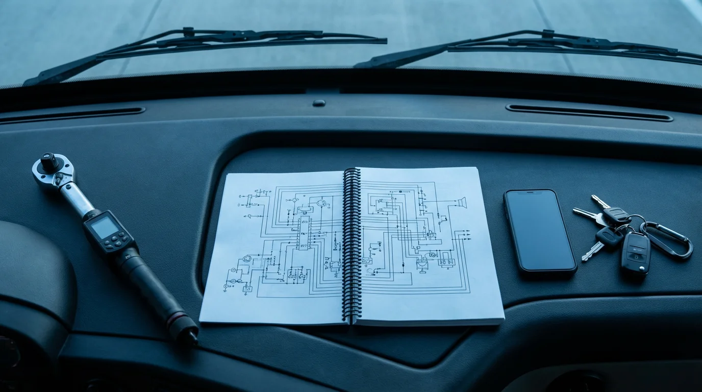 High angle view of an RV manual, smartphone, and specialized tool on a dashboard.