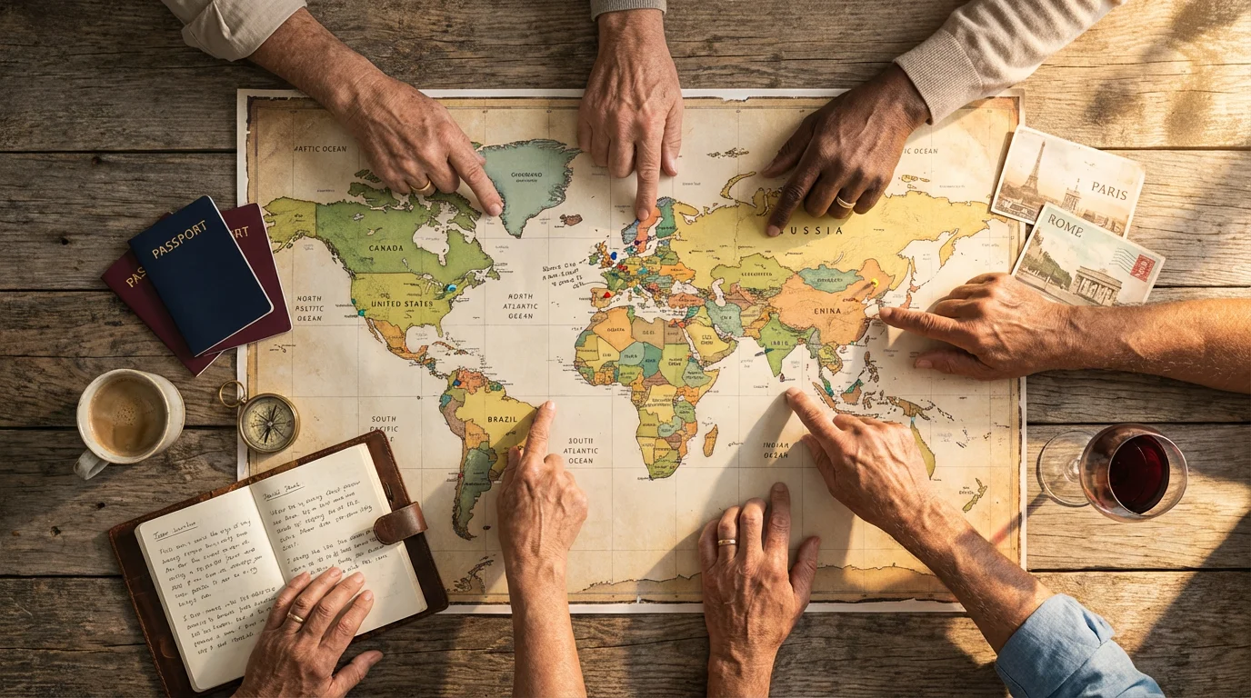 High angle view of diverse senior hands planning a trip together over a map.