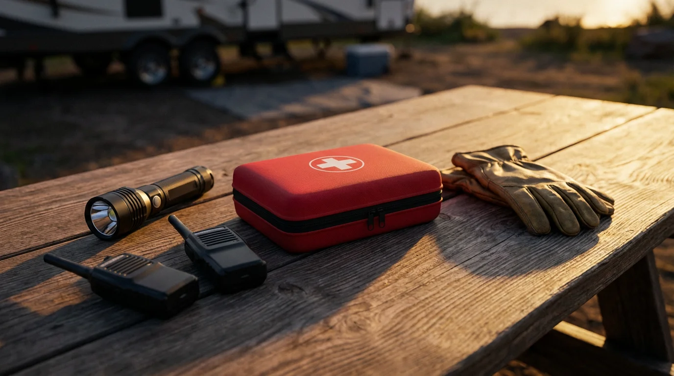 High angle view of RV safety essentials like a first-aid kit and flashlight.