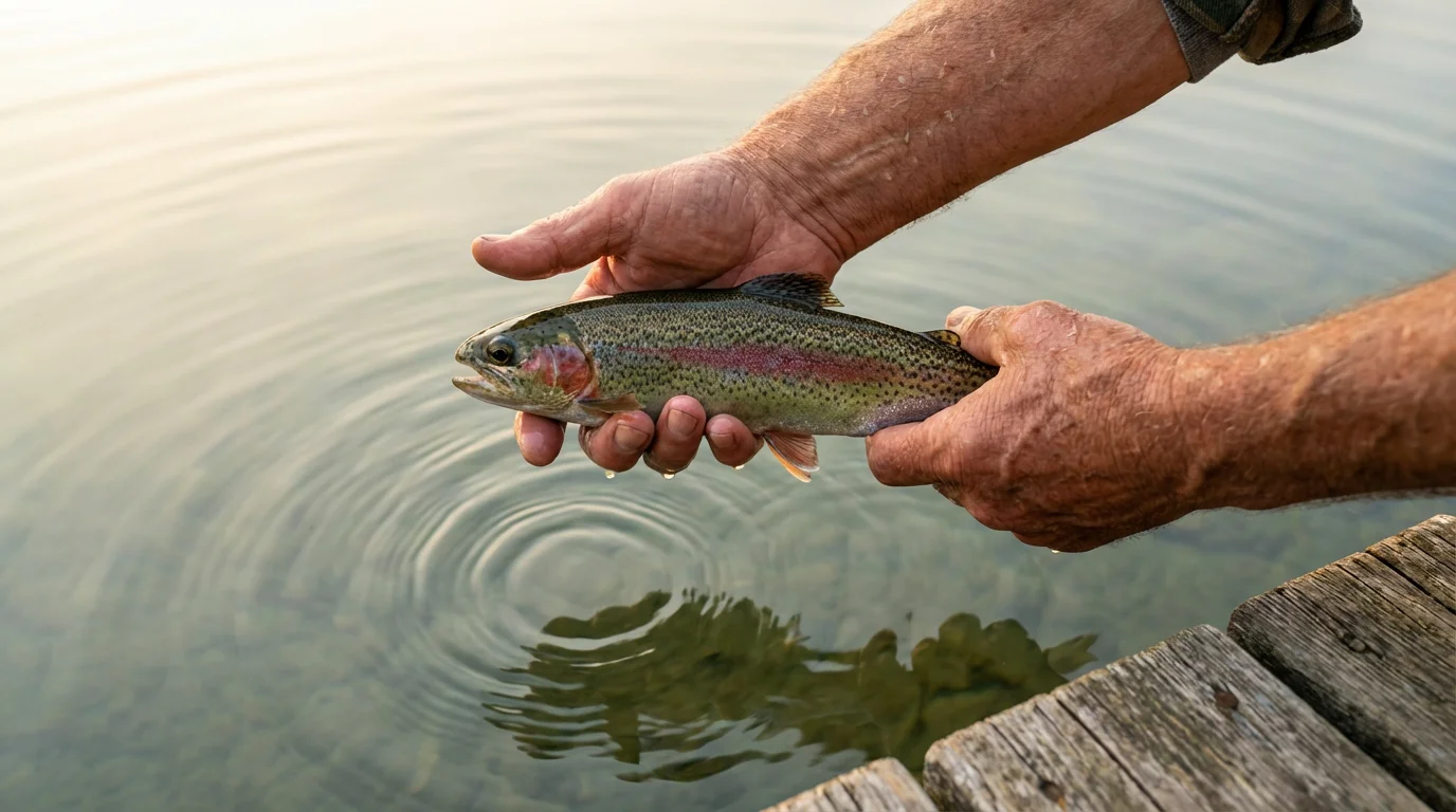 High angle view of senior hands gently releasing a healthy trout back into the water.