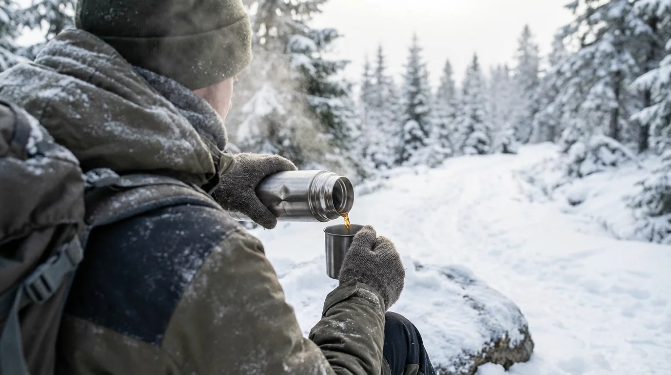 Hiker in winter gear pouring a hot drink from a thermos on a snowy trail.