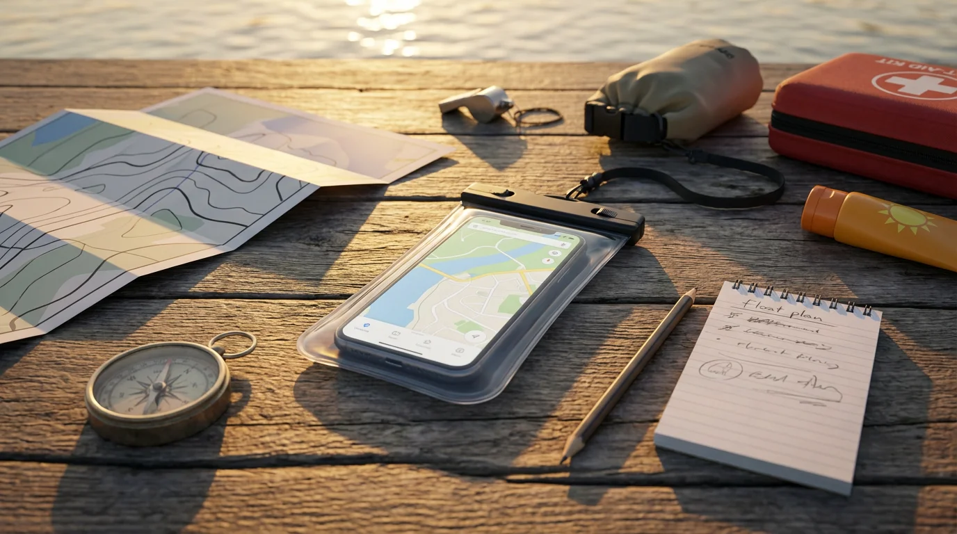 Kayaking safety prep items including a waterproof phone, map, and notepad on a table.