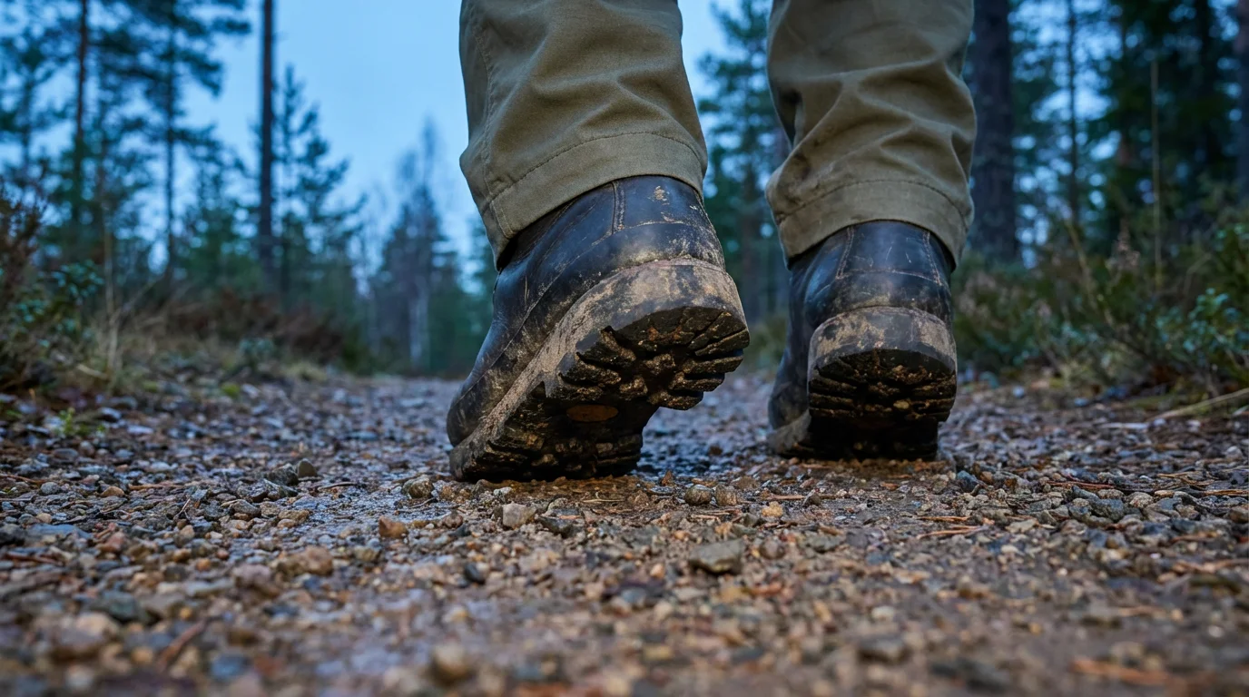 Low angle closeup of a senior hiker's sturdy boots on a trail at dusk.