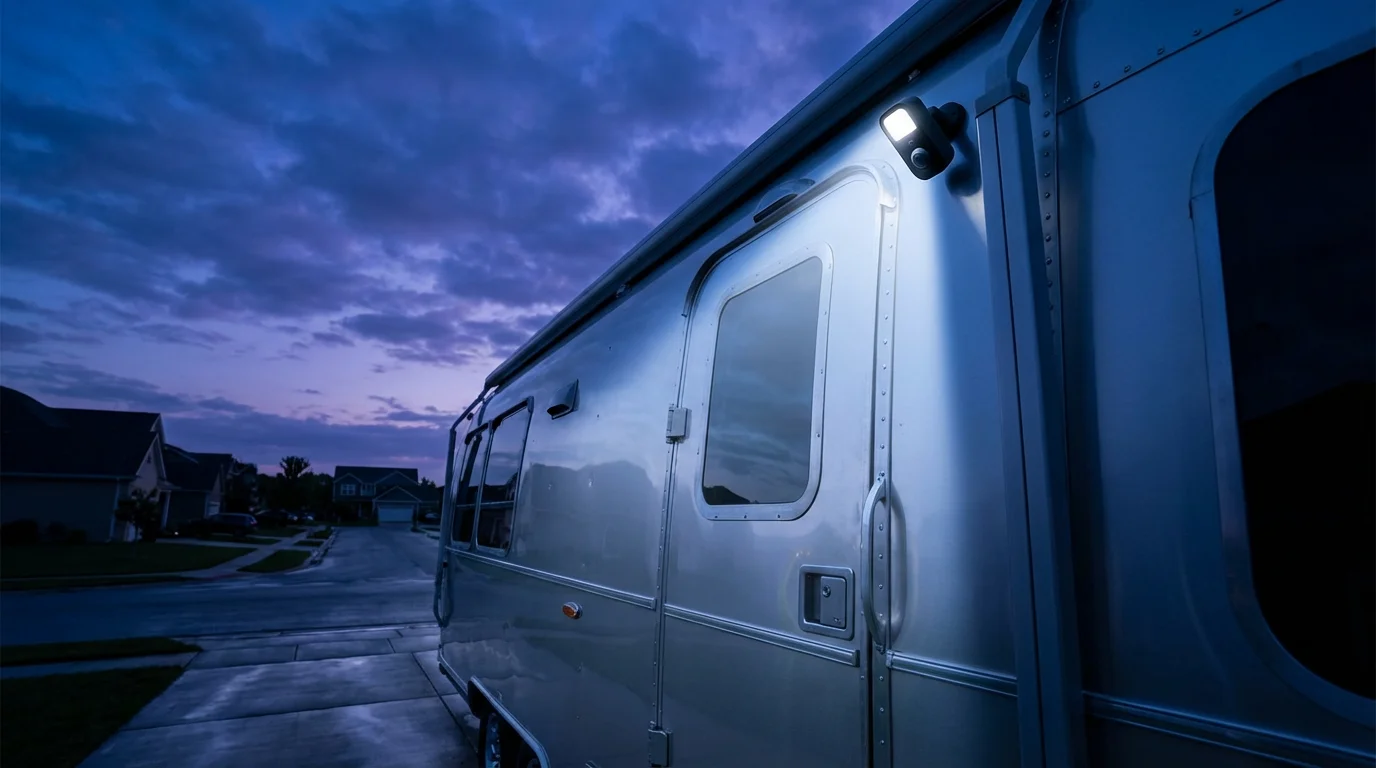 Low angle of an RV with a motion-activated security light on at dusk.