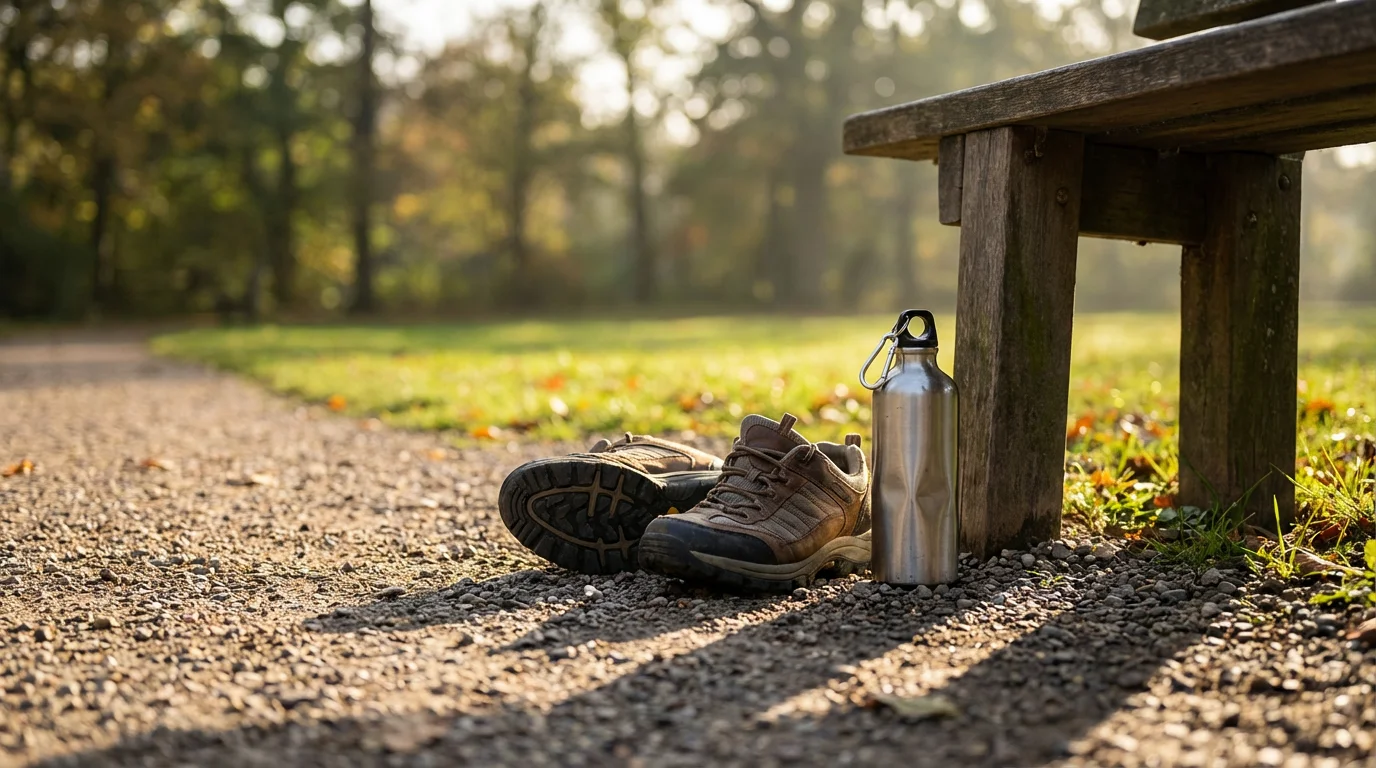 Low-angle photo of walking shoes and a water bottle in a park at sunset.