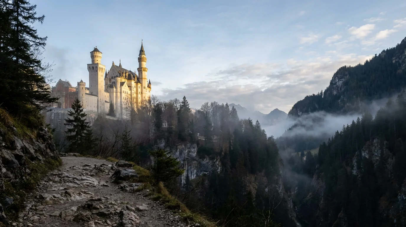 Low angle photograph of Neuschwanstein Castle in the Bavarian Alps illuminated by morning light.