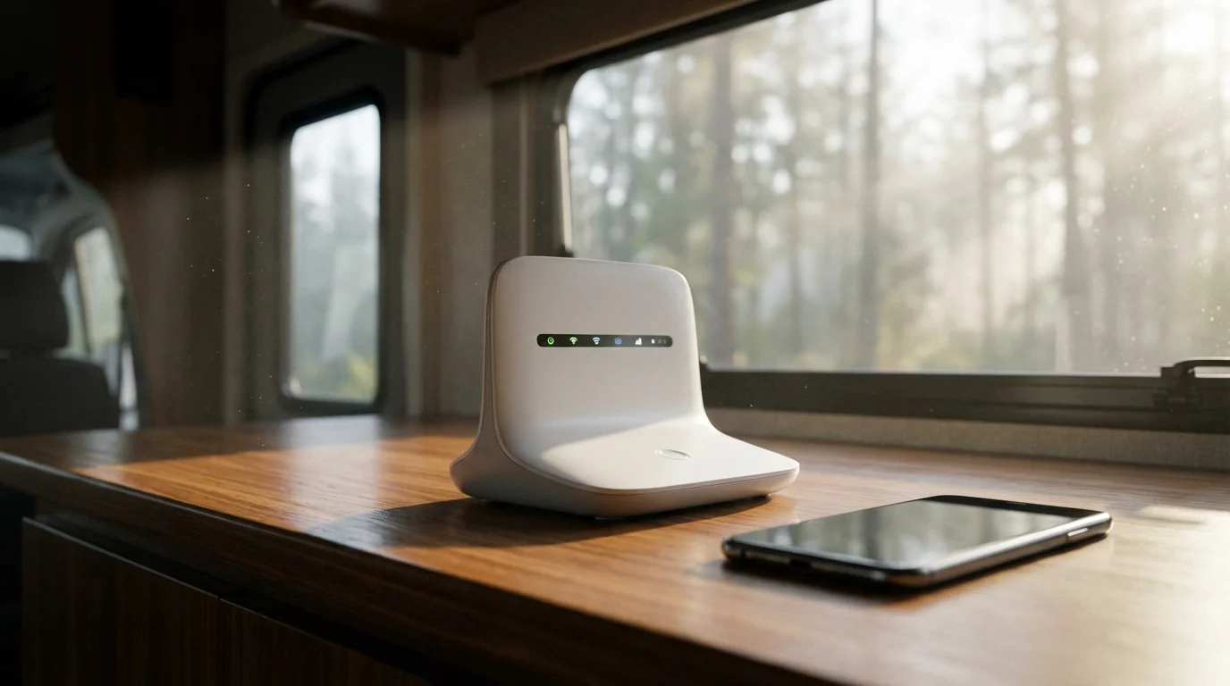 Low angle shot of a cellular internet router and smartphone inside an RV.