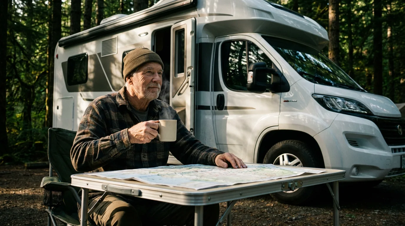 Low angle shot of a senior man planning his journey with a map outside his RV.