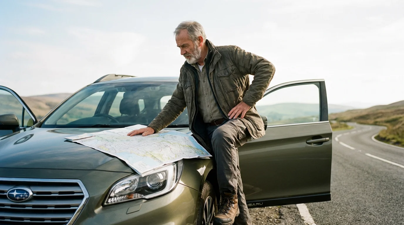 Low angle shot of a senior man reading a paper map on the hood of his car.