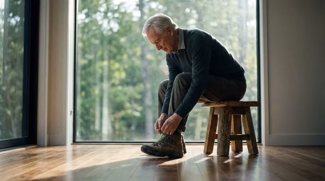 Low angle shot of a senior man tying his hiking boots by a sunlit window.