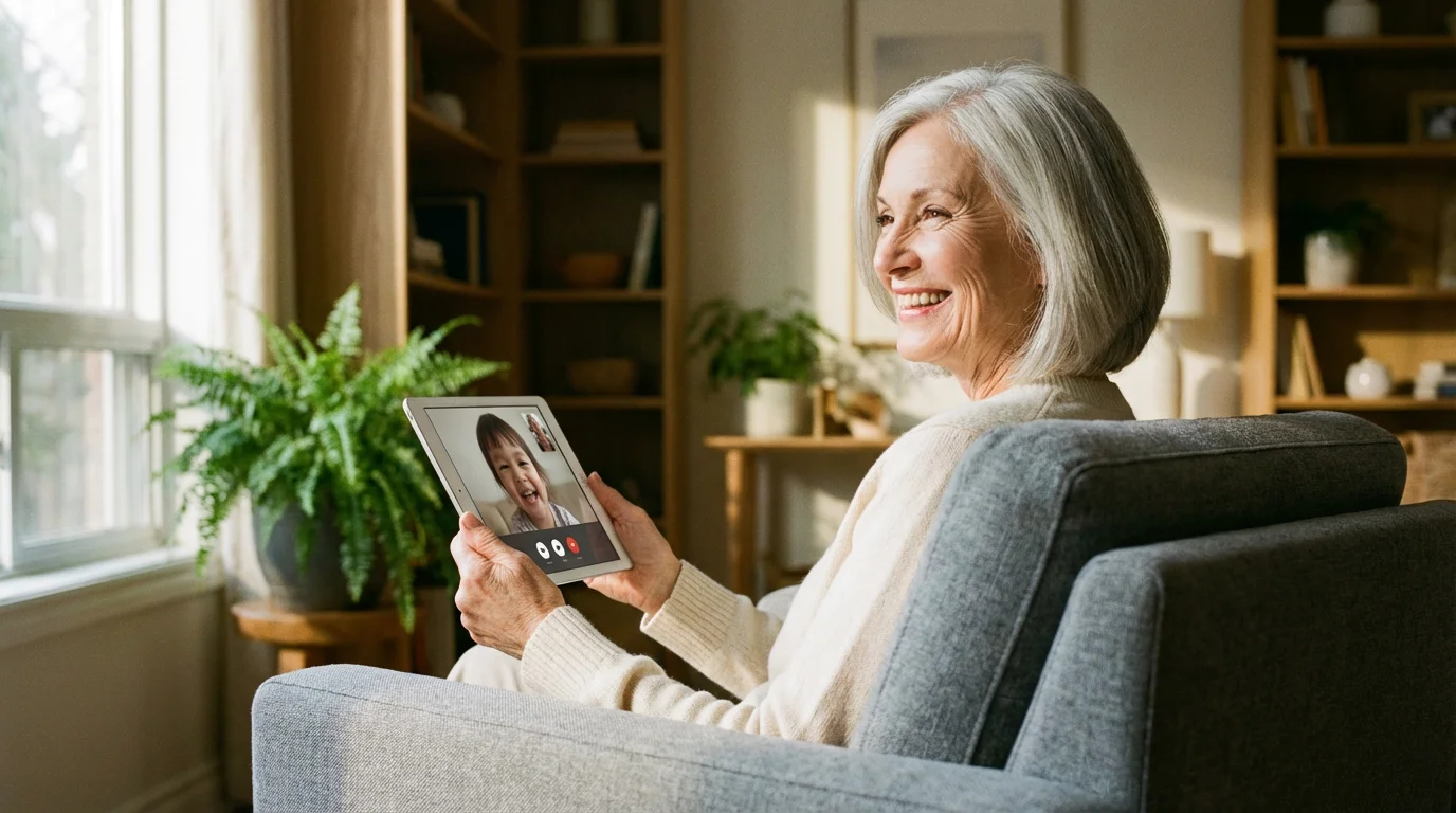 Low angle shot of a senior woman smiling while video calling a grandchild on a tablet.