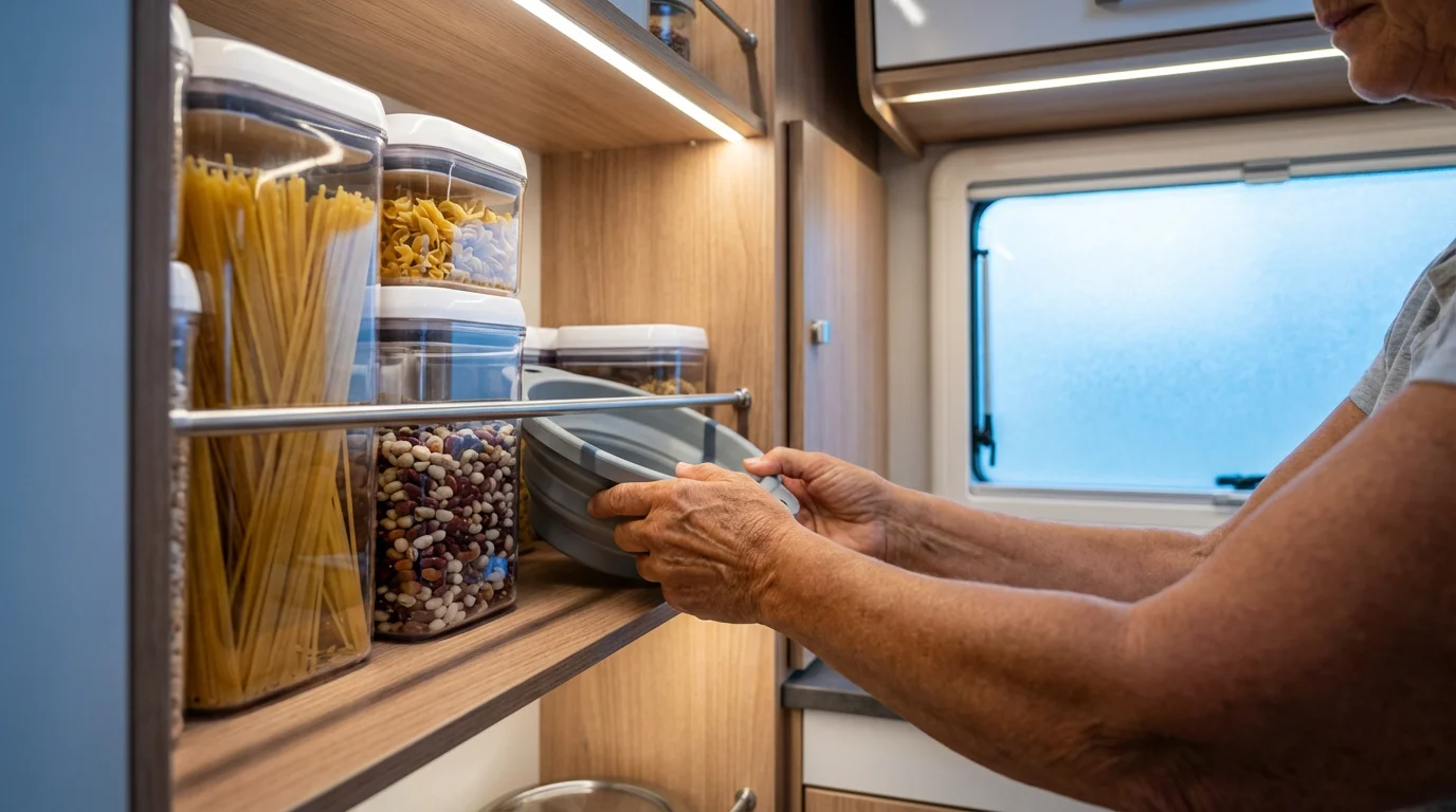 Low angle shot of an organized RV kitchen pantry with stackable storage at twilight.