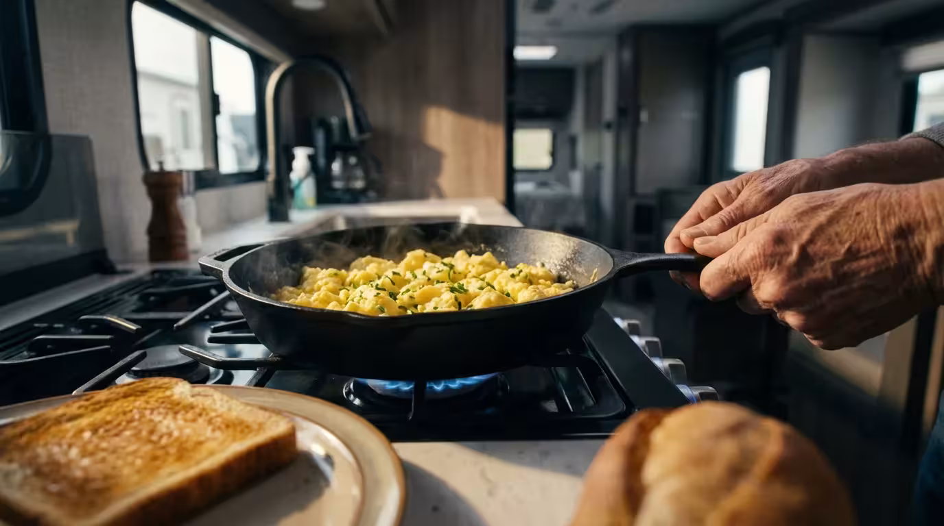 Low angle shot of fluffy scrambled eggs in a skillet in an RV.