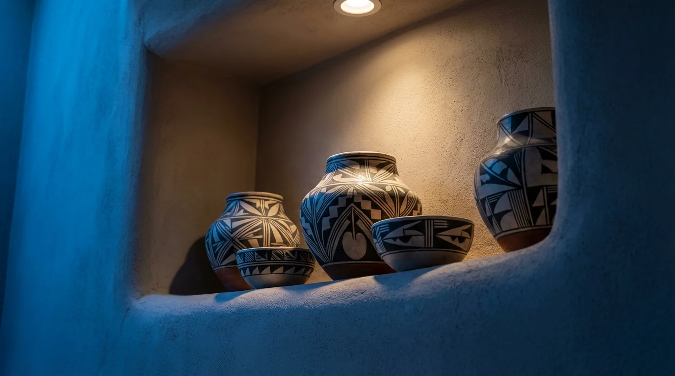 Low angle shot of handcrafted Pueblo pottery in an adobe nicho at twilight.