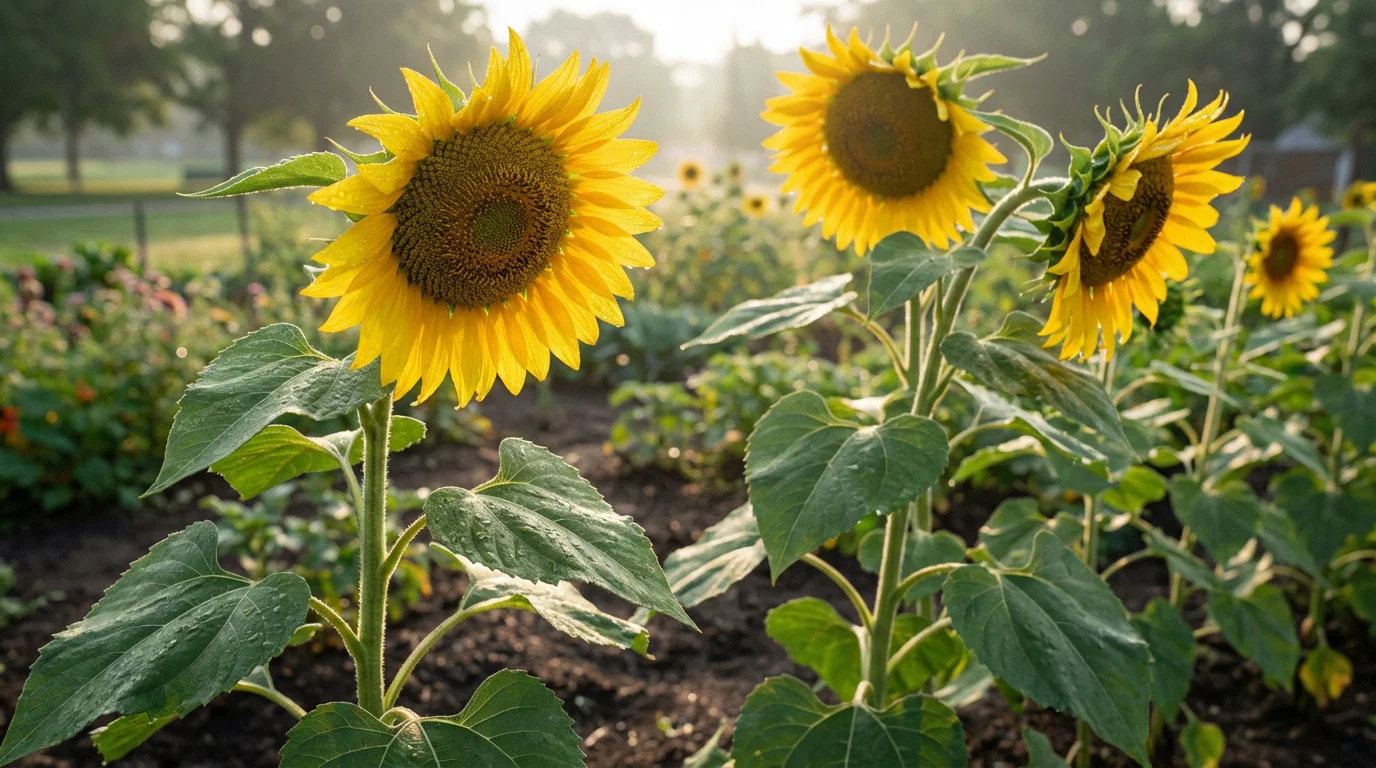 Low angle shot of tall sunflowers in a park community garden at sunrise.