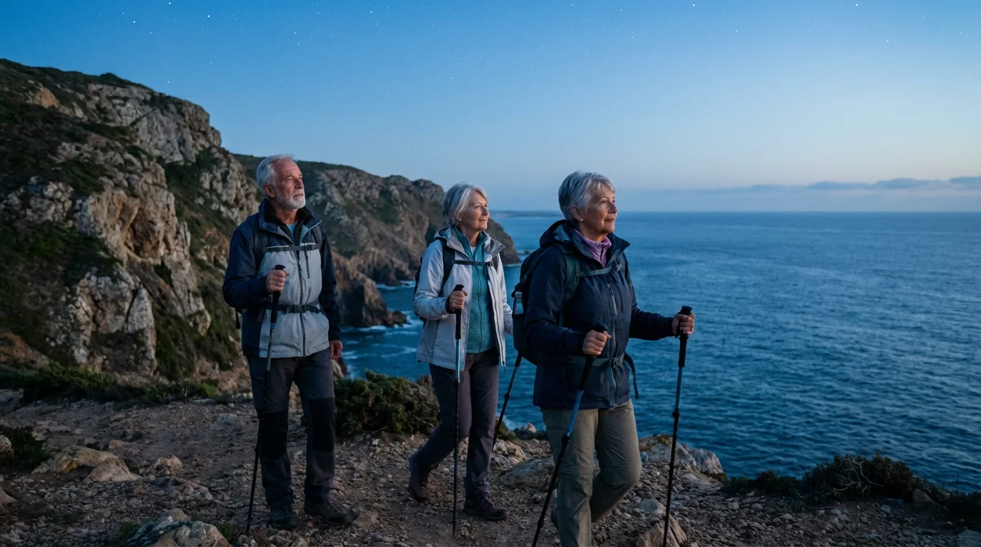Low angle shot of three seniors hiking a dramatic coastal cliff trail at twilight.