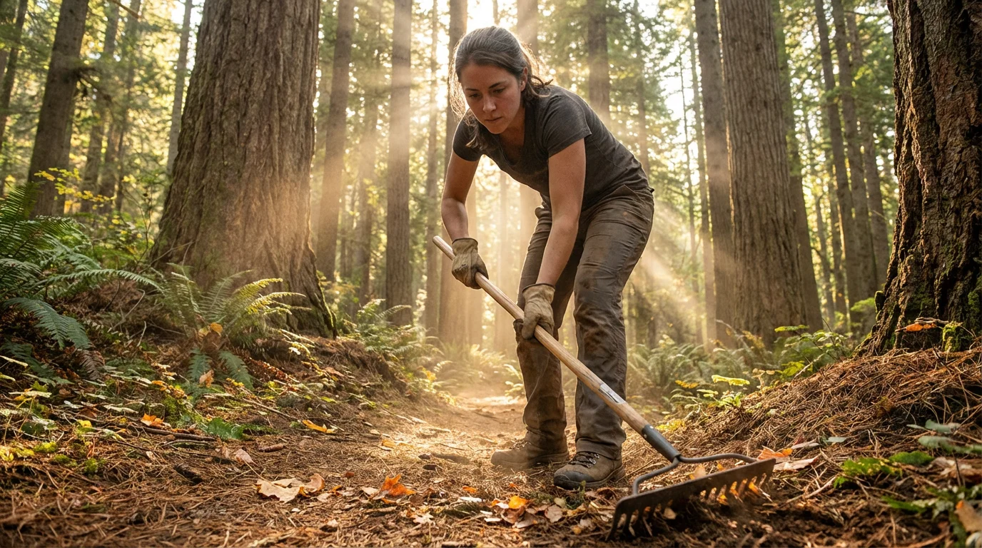 Low angle view of a female volunteer cleaning a forest trail with a tool.