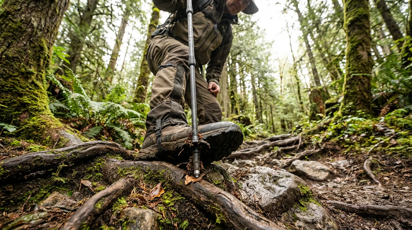Low angle view of a hiker using a walking pole for stability on a rocky, root-covered trail.