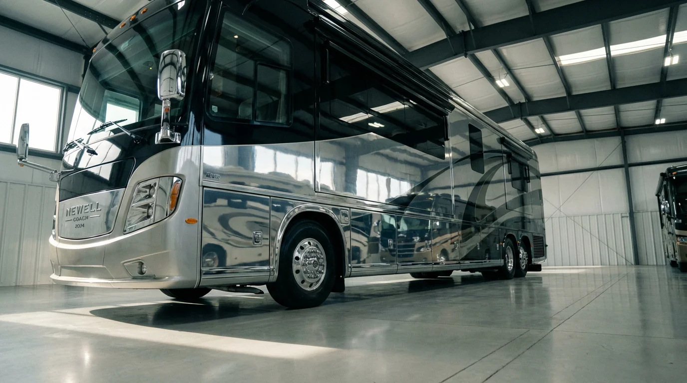 Low angle view of a modern Class A motorhome parked inside a clean storage facility.